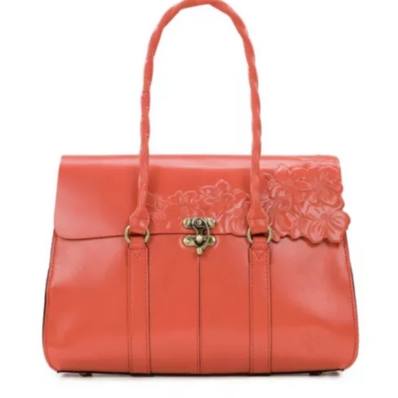 Patricia Nash Vienna Leather Satchel Purse Tooled Floral Bag in Coral 299. New - Picture 1 of 14